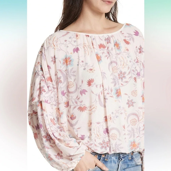 NEW Free People Boho Dusty Pink Floral Long Sheer Sleeve Pull Over Peasant top L - Picture 3 of 14